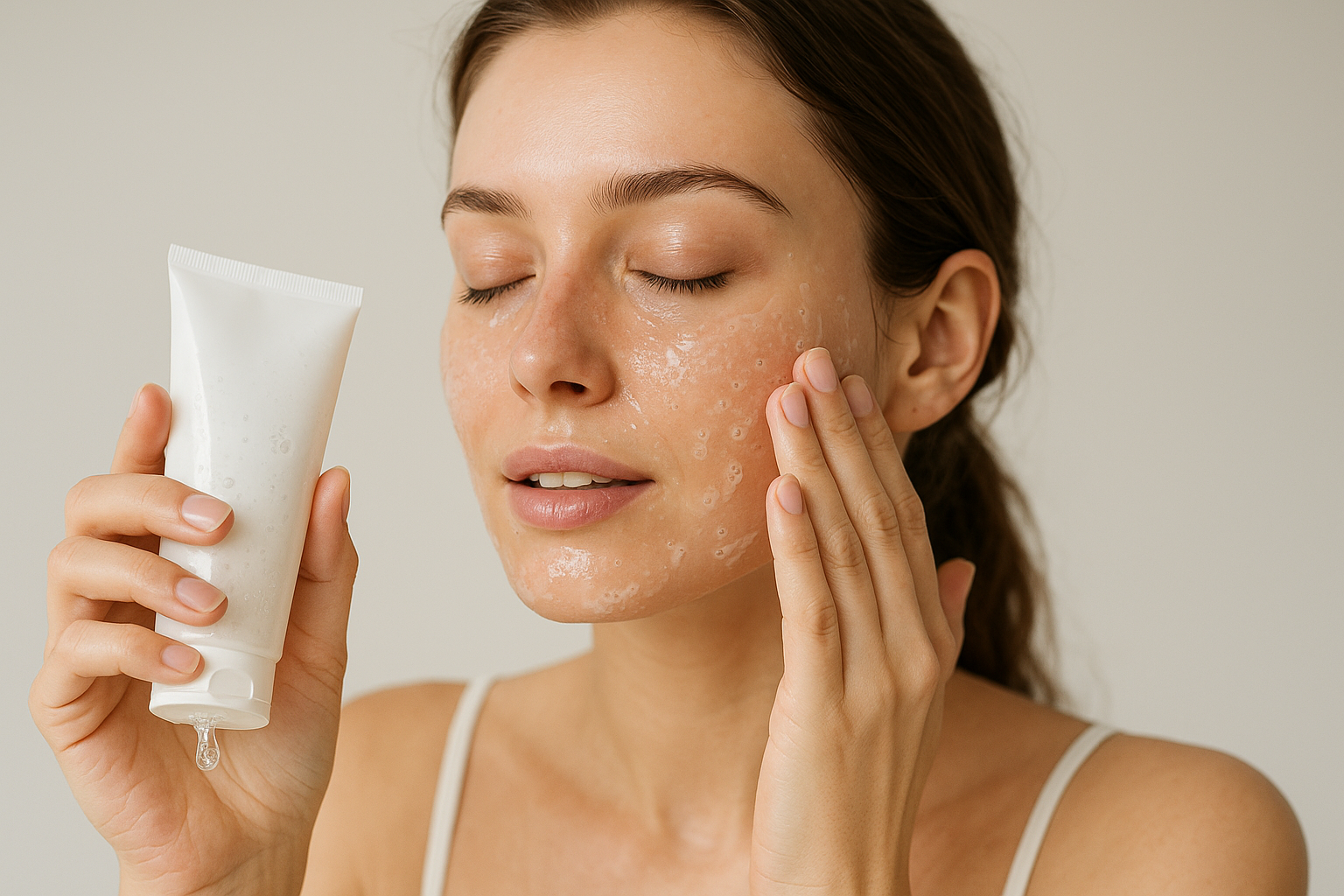 Une jeune femme appliquant un gel nettoyant sur son visage